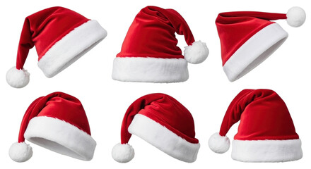 Transparent background, isolated, traditional Santa Claus hat in different poses. For winter and New Year's themed projects, png.
