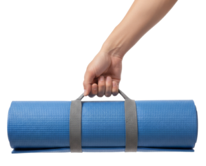 a hand holds a rolled-up blue yoga mat with a gray carrying strap