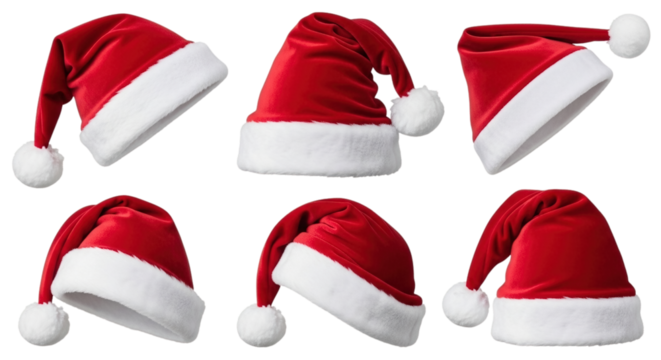 Transparent background, isolated, traditional Santa Claus hat in different poses. For winter and New Year's themed projects, png.