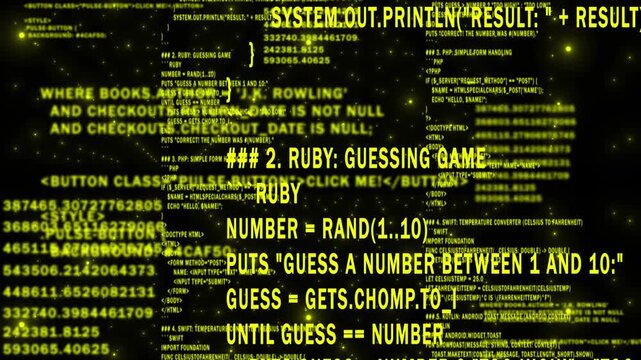 Yellow color network programming and data code scrolling, computing and digital interface structure digital background