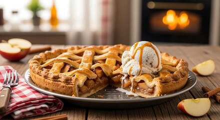 Delicious Apple Pie with Ice Cream and Caramel Drizzle.