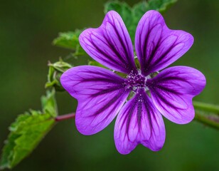 Close-up shot of a vibrant purple flower with five heart-shaped petals and dark veins, set against a soft green background