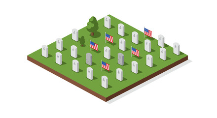 Isometric memorial park with flags and tombstones on green lawn
