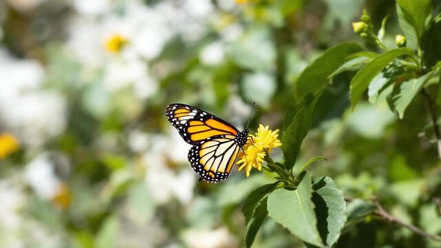 Monarch Butterfly on Yellow Flower in Garden.