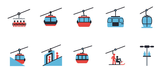 A collection of ten flat icons depicting various types of ski lift and gondola systems © Faisal