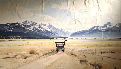 A solitary shopping cart on a dirt road, mountain backdrop, painted style, conveying journey, consumerism, nature