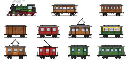 A collection of twelve stylized illustrations of vintage and electric railway vehicles © Faisal