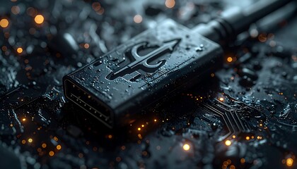 USB-C Connector on Futuristic Circuit Board with Electric Sparkles