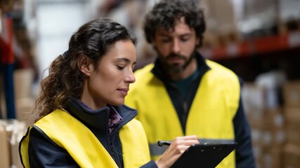 A dedicated woman is reviewing notes while a man looks on, presenting teamwork and collaboration in a busy warehouse setting filled with packages and logistics. - Powered by Adobe