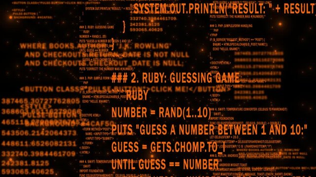 Orange color network programming and data code scrolling, computing and digital interface structure digital background