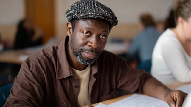 A focused man in a brown cap reviews documents attentively in a workspace full of activity, highlighting the importance of diligence and commitment to his tasks.
