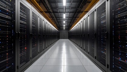 Perspective shot of a data center hallway with rows of servers, lit by overhead lighting, showcasing technological infrastructure