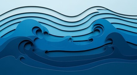 Abstract blue ocean waves in a layered paper cut style digital illustration showing movement and depth of the sea in varying shades