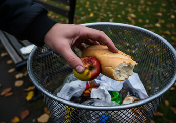 Throwing Away Fresh Food in the Park. 
A person throws away an apple and a piece of bread into a trash bin symbolizing food waste and lack of appreciation for resources.