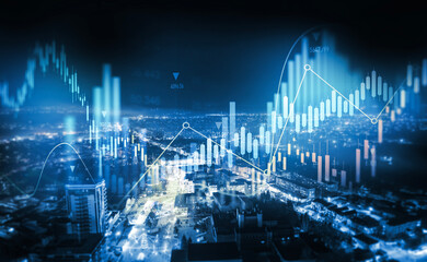 Big data stock market graph chart on night city backdrop.Trade technology, investment...