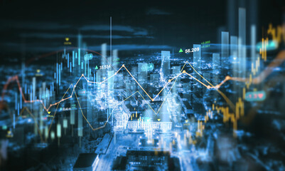 Big data stock market graph chart on night city backdrop.Trade technology, investment analysis.Business development, financial plan and strategy.Analysis finance graph and market chart investment.	
