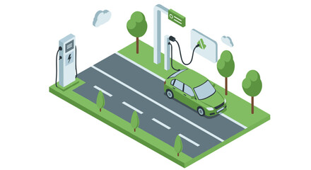 Fototapeta premium Isometric electric car at charging station with green energy concept