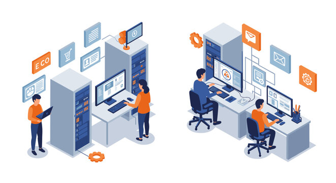 Isometric office data center with employees working on computers and server management