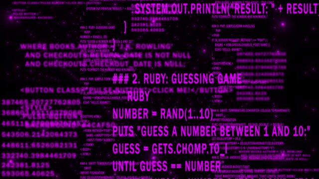 Pink color network programming and data code scrolling, computing and digital interface structure digital background