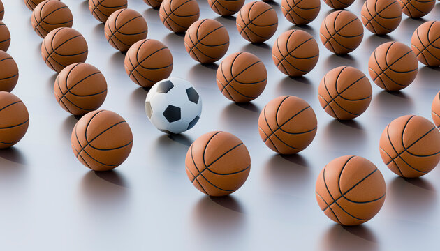 3D render showing a pattern of basketballs with one football.