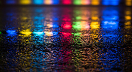 Vibrant abstract reflections of colorful city lights on wet pavement at night