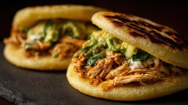 Close-up venezuelan arepas with shredded chicken and avocado on dark slate foreground, blurred arepa behind, toasted corn pockets under moody light, concept for latin american food advertising