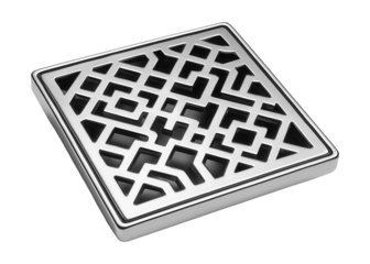 Geometric-patterned shower drain cover in polished stainless steel for a loft renovation.