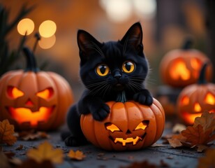 Cute cartoon black cat with pumpkin - halloween illustration halloween costumes costume illustration holiday cartoon party zombie 