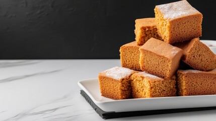 Homemade Gingerbread Cake: Stack of Square Slices on White Plate, Dark Background, Close-up, Delicious Dessert, Festive Baking, Holiday Treat