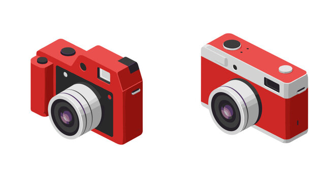 Modern isometric cameras with red and white details for photography enthusiasts