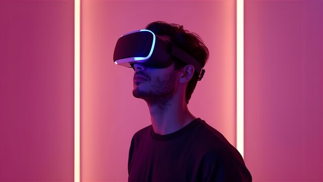 A man immersed in augmented or virtual reality, illuminated by intense pink and yellow ambient light sources.