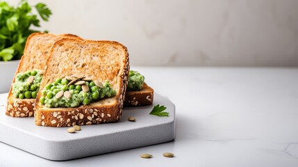 Avocado Toast with Peas and Sunflower Seeds on White Background, Healthy and Delicious Breakfast or Brunch, Food Photography for Restaurant Menu