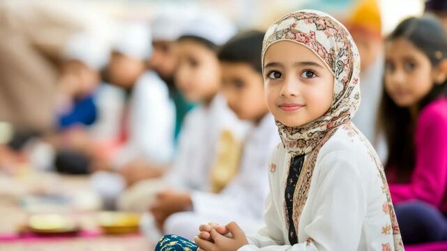 Muslim girl praying with her classmates at school