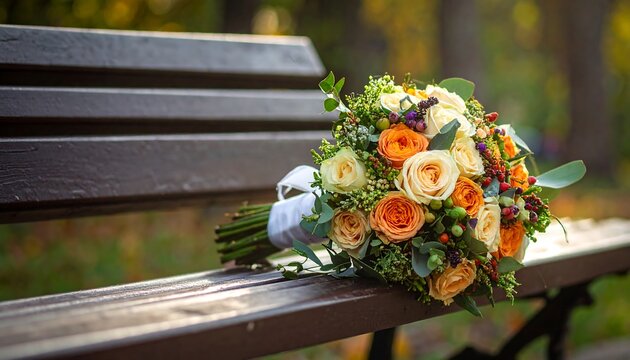 A vibrant floral bouquet, featuring orange and white roses, rests on a dark wooden park bench. The blurred background suggests an autumnal park setting