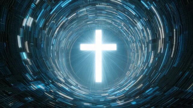 A striking cross glows brightly at the center of a swirling digital tunnel filled with vibrant lights and patterns