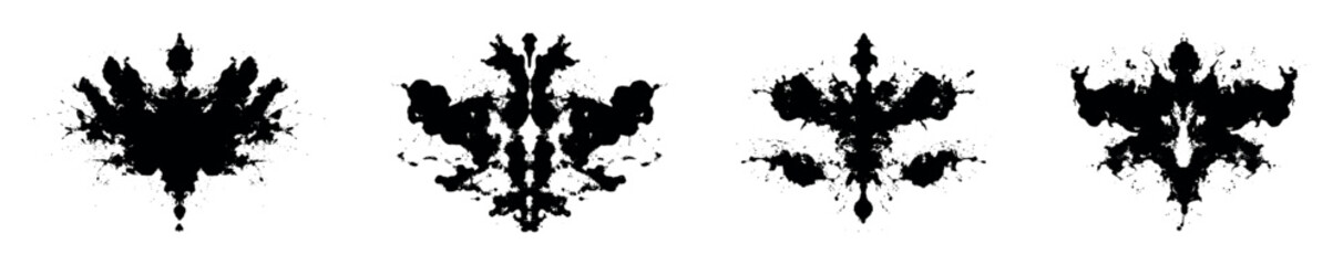 Symmetrical black inkblot collection for psychological analysis and projective testing. Isolated Rorschach test patterns on white background for therapy, diagnosis, design, interpretation, tattoo