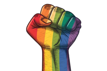 Raised clenched fist painted in rainbow LGBT pride colors on transparent background. Symbol of equality, diversity, support and human rights, isolated illustration for activism, social justice and fre