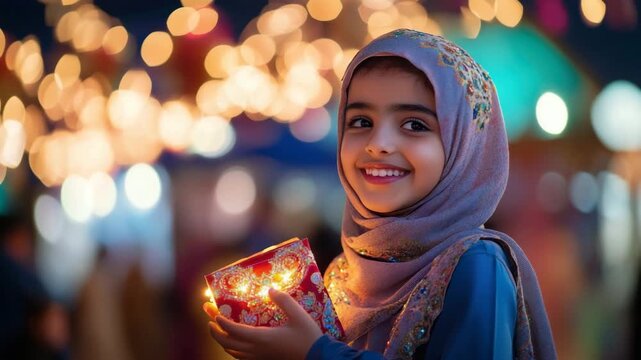 Young muslim girl smiling and holding a brightly lit gift box at a bustling night market, celebrating the festive spirit of ramadan
