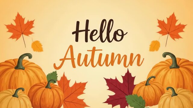 Hello Autumn greeting animation with falling leaves and changing pumpkins. Seasonal fall decoration footage.