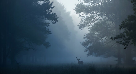 Mysterious deer in a foggy forest at dawn with ethereal light
