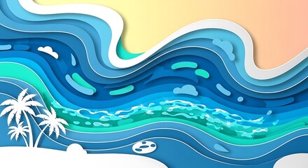 Paper Cut Ocean Scene with Palm Trees and a Layered Blue Sea, Artistic Seascape Illustration