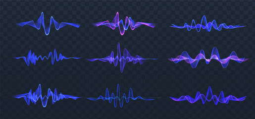 Vector illustration. Set of colorful soundwaves on transparent background.