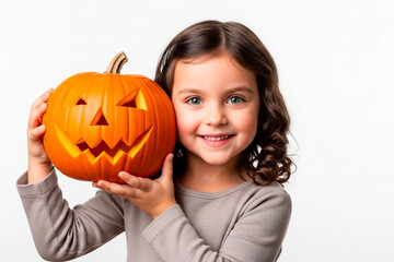 Happy young child girl with Halloween face paint and a carved pumpkin jack-o-lantern. Autumn holiday celebration and festive season tradition. Kid in studio on white background