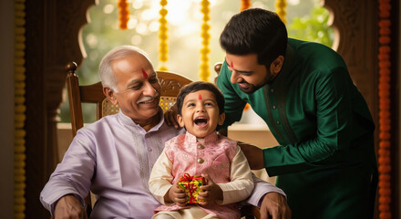 indian generations share a heartfelt moment as a child presents a festive gift to his grandfather surrounded by love and tradition in a warm Indian family
