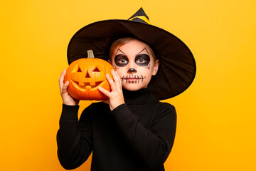 Young child boy with Halloween face paint and a carved pumpkin jack-o-lantern. Autumn holiday celebration and festive season tradition. Kid in studio on orange background