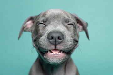 Pit Bull puppy with silly overbite grin on teal background