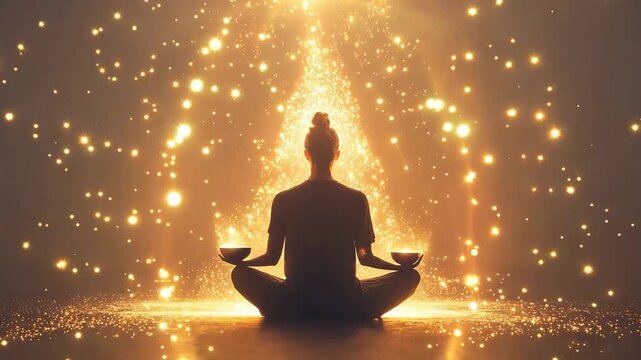 A person meditates while holding bowls, surrounded by a mesmerizing display of glowing golden particles in a calm atmosphere