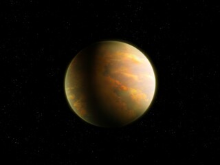 Alien planet with a solid surface in space. Exoplanet from extrasolar star system. A distant world unlike Earth.