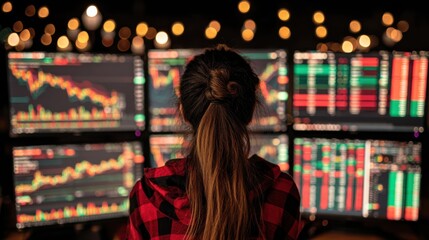 Stock market analysis home office digital data visualization evening setting rear view trading insights for investors