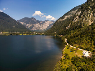 Aerial view of Lake Hallstatt, in the Salzkammergut region of Austria